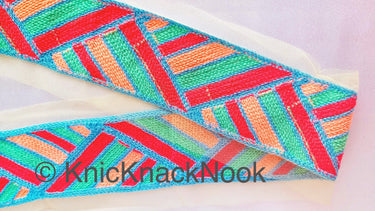 Beige Net With Blue, Red, Cyan And Coral Pink Embroidery